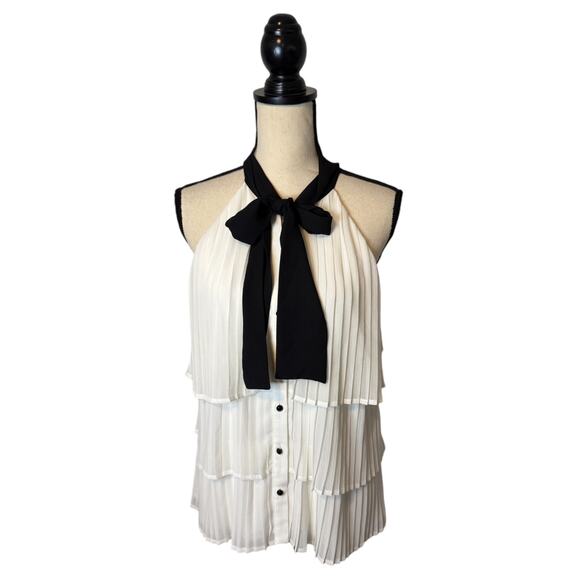 White House Black Market Bow-Neck Pleated Blouse Womens Size 12 White/Black - Picture 2 of 8